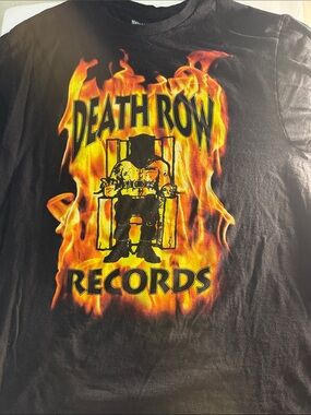 Ripple Junction Black Tee with Yellow and Orange Flame Death Row Records Graphic